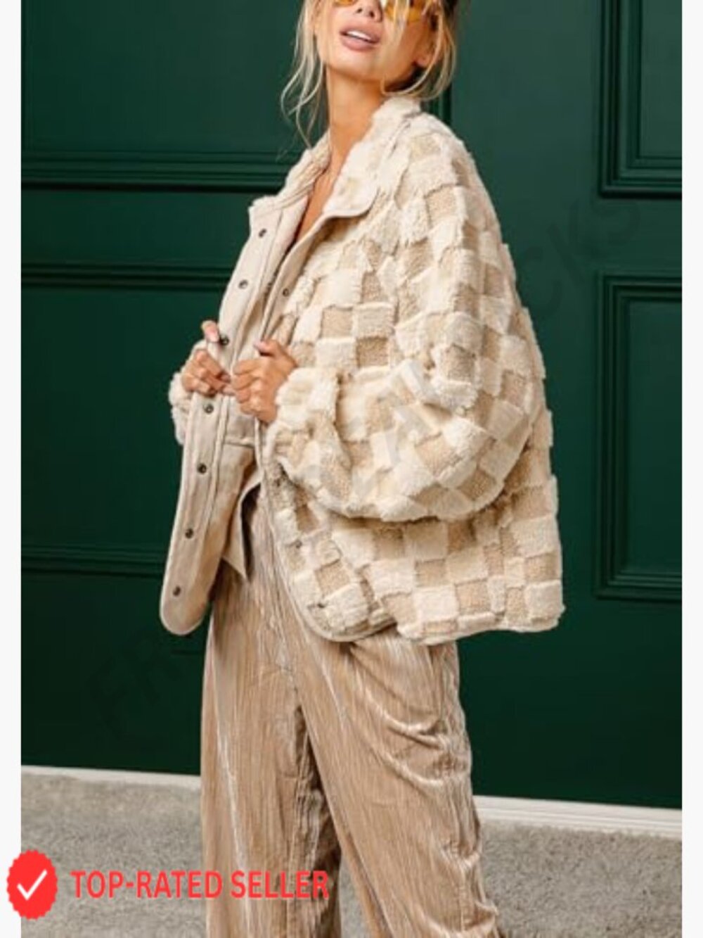 Classic Checkered Fleece Jacket Oversized Warm Sherpa Faux Fur Shacket - Picture 6 of 6